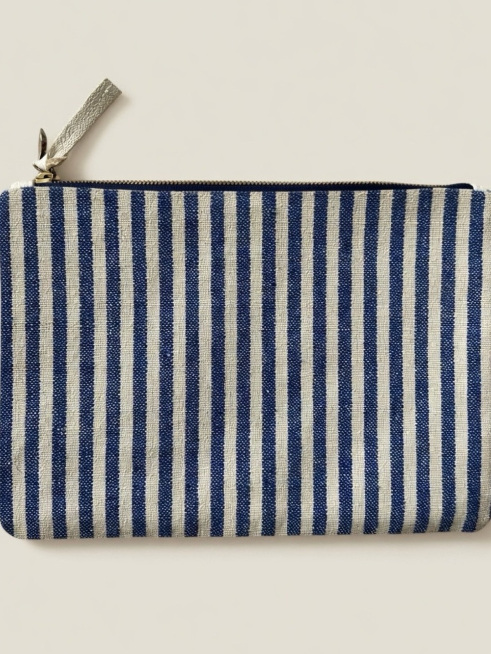 Clare V Orange Red Flower Accents Blue & White Stripe Canvas Pouch Clutch 8”X12” - Picture 2 of 6